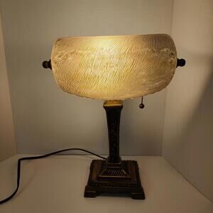 Vintage Unique Banker's Table Lamp Etched Floral Glass Shade Pull Chain Bohemian